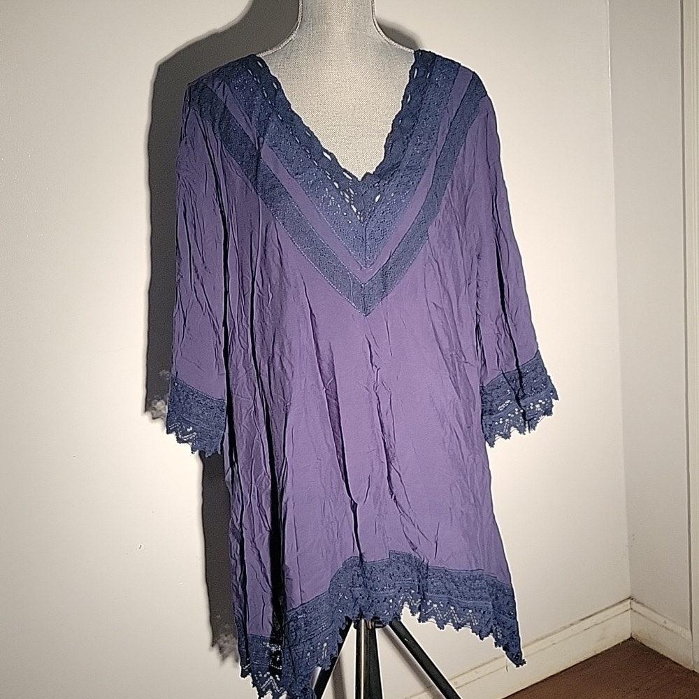 Forgotten Grace, Navy Blue, V Neck with Lace Trim Blouse, Size: 3X, NWT